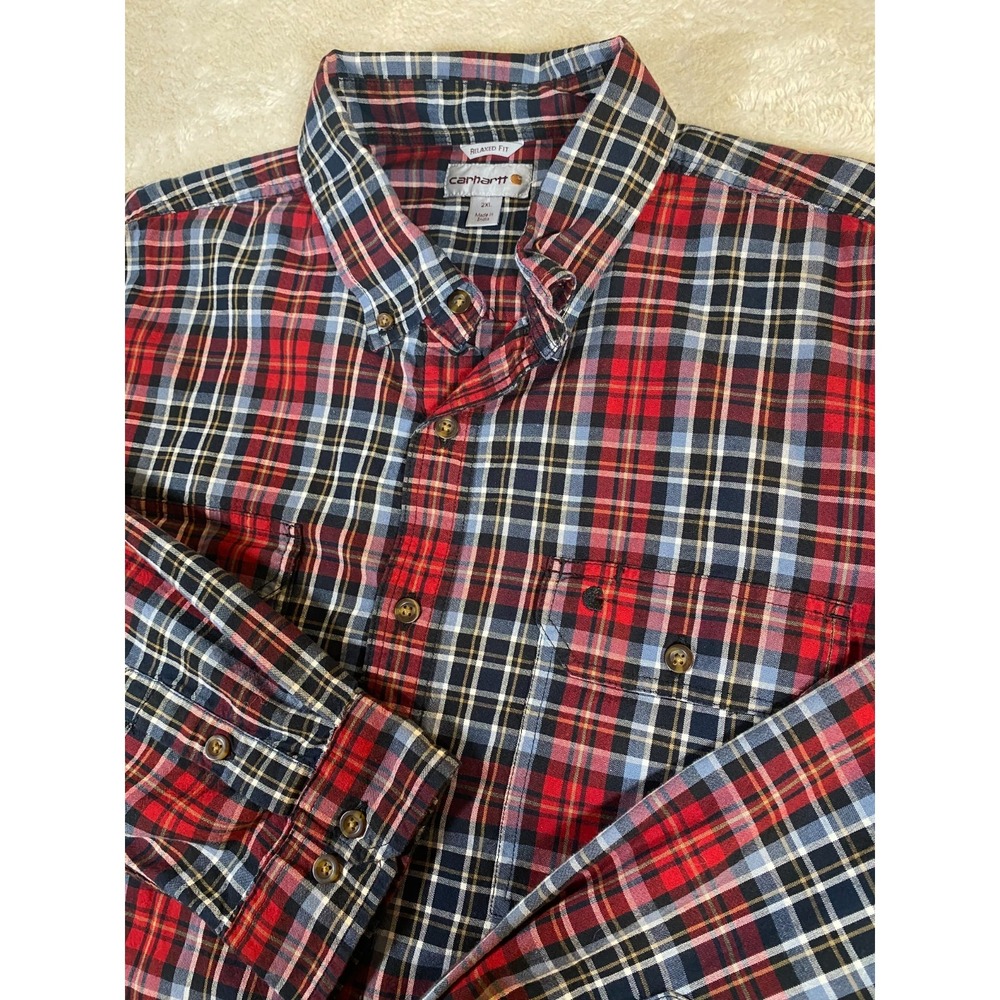 Carhartt Men's Size XXL Button Down Plaid Shirt Cotton Red & Blue Flannel